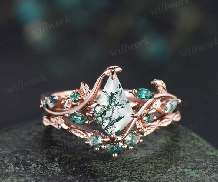 Vintage kite cut moss agate engagement ring set leaf marquise emerald moss agate ring wedding band nature inspired bridal set
