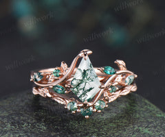 Vintage kite cut moss agate engagement ring set leaf marquise emerald moss agate ring wedding band nature inspired bridal set