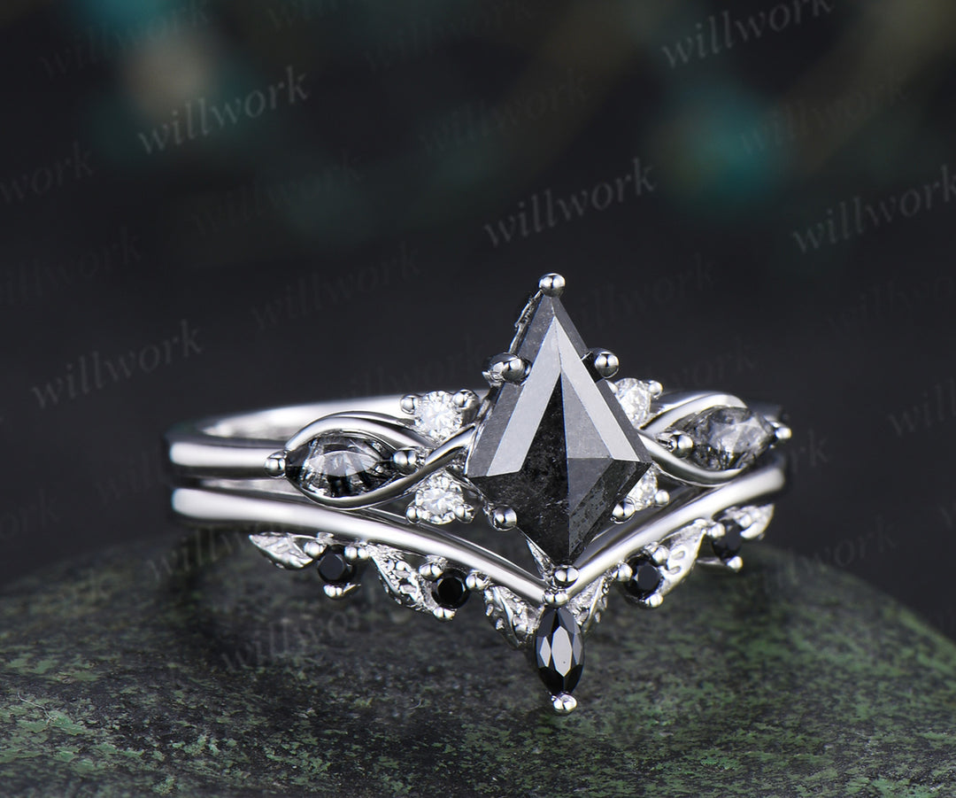 Kite cut salt and pepper diamond engagement ring set marquise black rutilated quartz seven stone ring black spinels wedding band unique bridal set