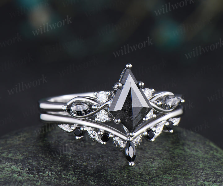 Kite cut salt and pepper diamond engagement ring set marquise black rutilated quartz seven stone ring black spinels wedding band unique bridal set
