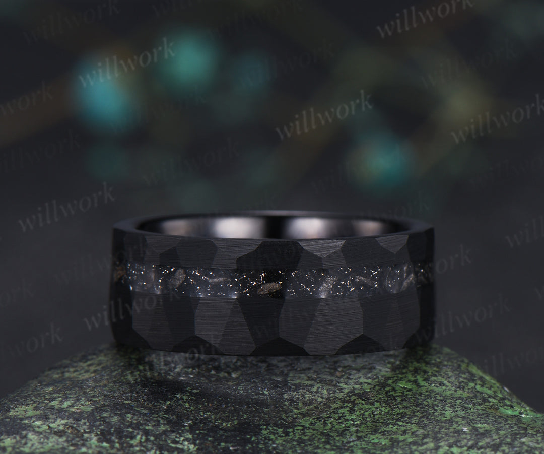Kite Cut Black Rutilated Quartz Engagement Ring Set & Black Tungsten Hammered Mens Ring His & Her Couple Rings