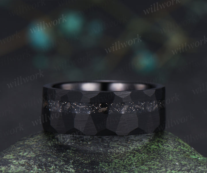Kite Cut Black Rutilated Quartz Engagement Ring Set & Black Tungsten Hammered Mens Ring His & Her Couple Rings