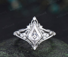 Kite cut moissanite engagement ring retro milgrain moissanite cluster ring unique spilt shank wedding ring