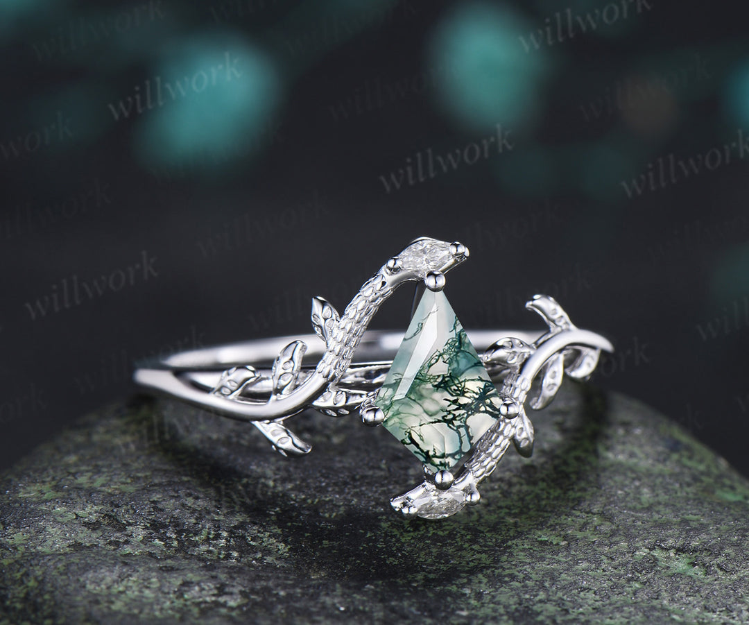 Kite Cut Moss Agate Snake Ring Marquise Diamond Leaf Vine Nature Inspired Ring