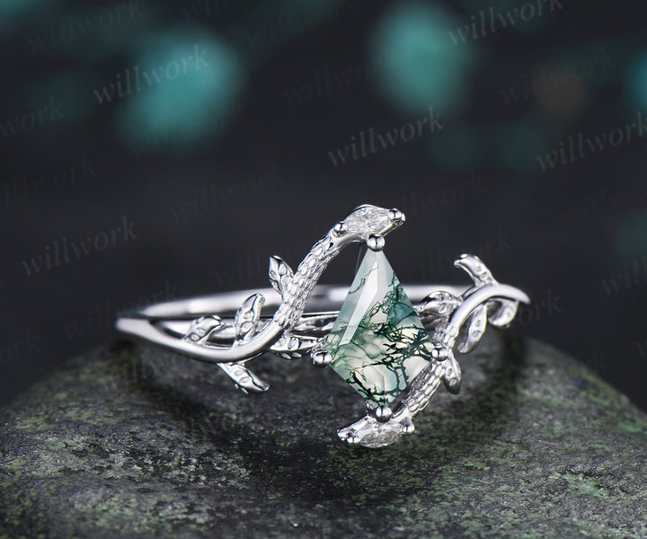 Kite Cut Moss Agate Snake Ring Marquise Diamond Leaf Vine Nature Inspired Ring