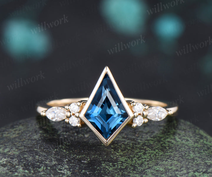 Kite cut London blue topaz engagement ring bezel setting seven stone ring leaf sapphire matching band bridal set