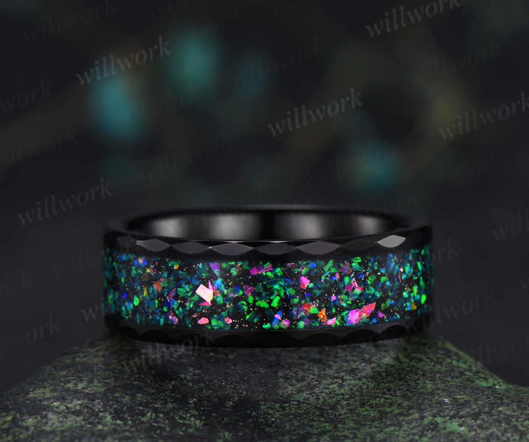 Kite Cut Black Opal Twig Leaf Ring & Tungsten Black Opal Inlay Hammered Mens Ring His & Her Couple Rings