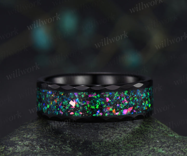 Kite Cut Black Opal Twig Leaf Ring & Tungsten Black Opal Inlay Hammered Mens Ring His & Her Couple Rings