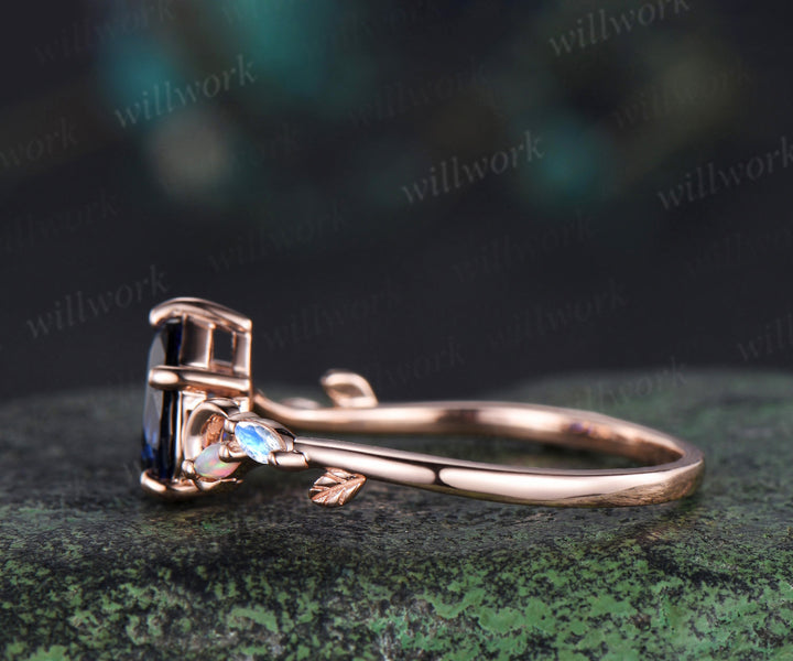 6x9mm pear cut blue sapphire engagement ring unique art deco moon leaf marquise opal moonstone promise ring jewelry gifts for women