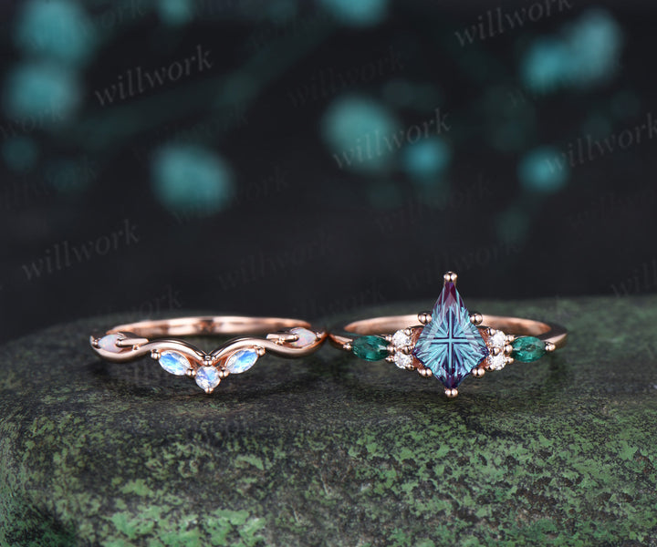Kite Fantasy Cut Alexandrite Engagement Ring Marquise Emerald Ring  Moonstone Opal Band Unique Seven Stone Bridal Set