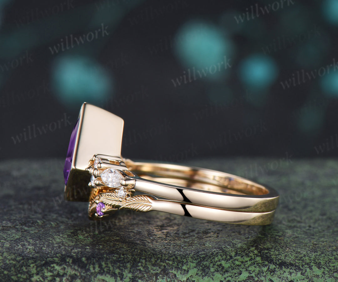 Kite cut amethyst engagement ring bezel setting seven stone ring leaf amethyst matching band bridal set
