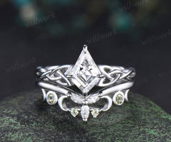 Vintage kite cut moissanite engagement ring set Celtic knot infinity solitaire promise ring moon peridot marquise moissanite band bridal set