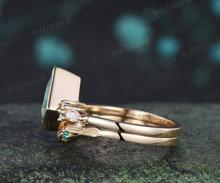 Kite cut moss agate engagement ring bezel setting seven stone ring leaf moissanite cluser matching band bridal set