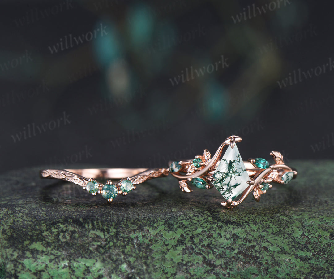 Vintage kite cut moss agate engagement ring set leaf marquise emerald moss agate ring wedding band nature inspired bridal set