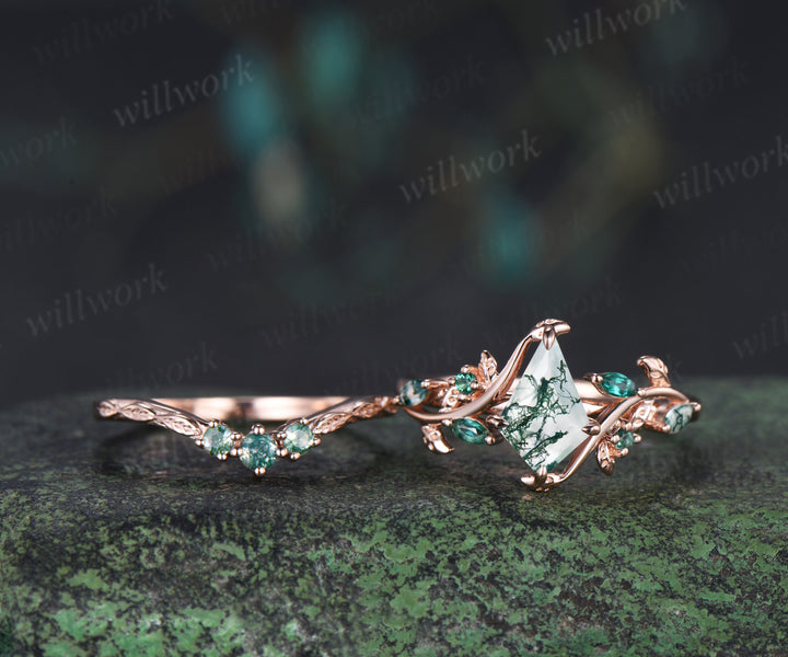 Vintage kite cut moss agate engagement ring set leaf marquise emerald moss agate ring wedding band nature inspired bridal set