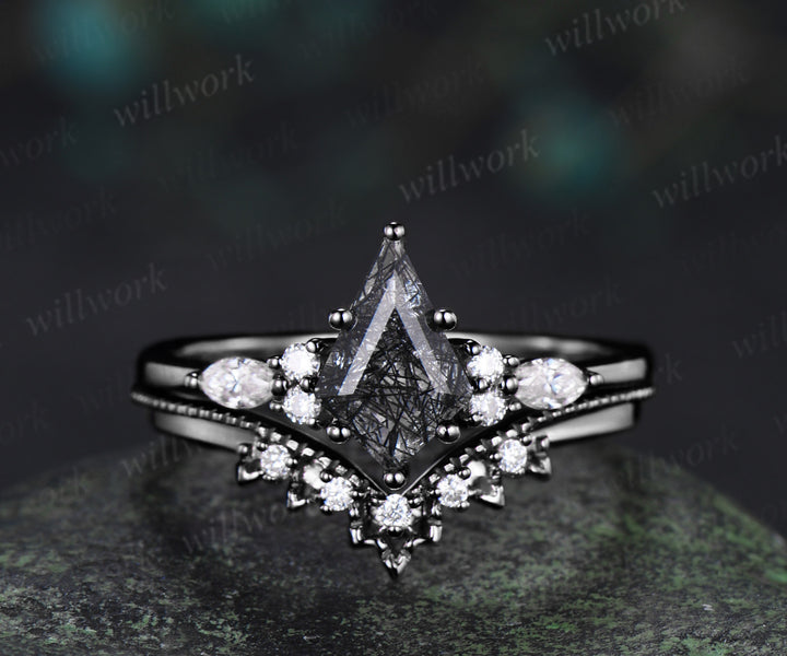 Kite Cut Black Rutilated Quartz Engagement Ring Set & Black Tungsten Hammered Mens Ring His & Her Couple Rings