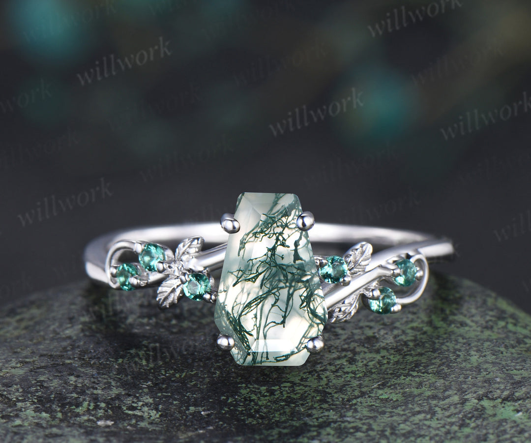 Unique coffin cut natural moss agate engagement ring set leaf inspired emeralds accent ring matching band bridal set