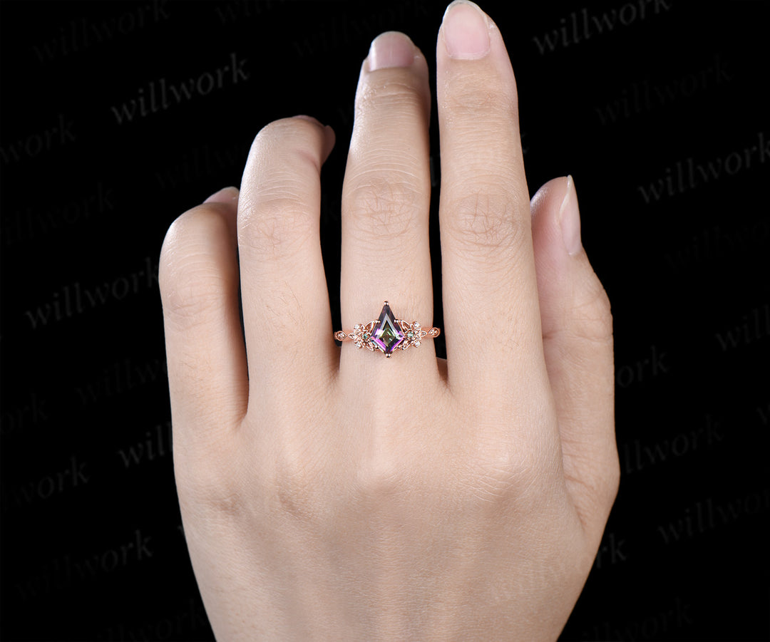 Kite cut rainbow topaz floral ring emerald moissanite diamond engagement ring magical topaz proposal ring crystal jewelry