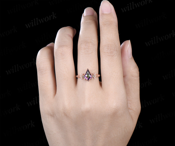 Kite cut rainbow topaz floral ring emerald moissanite diamond engagement ring magical topaz proposal ring crystal jewelry