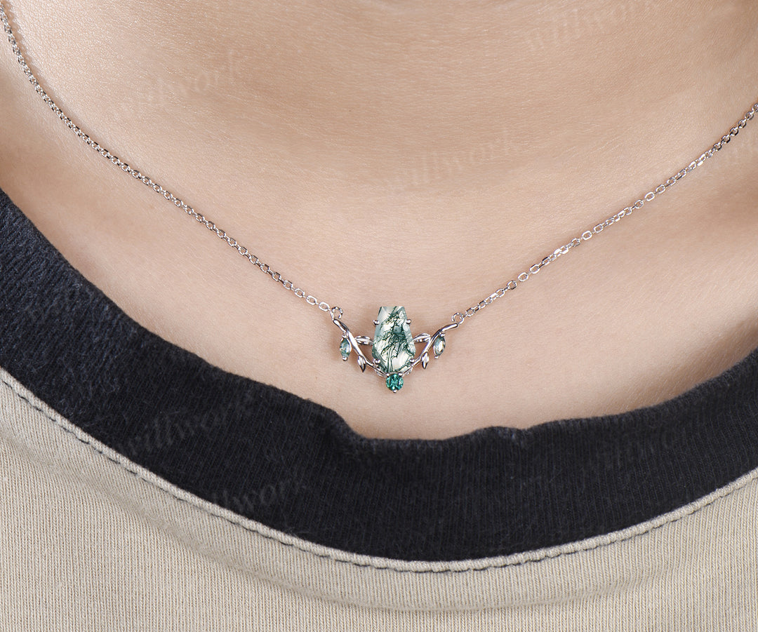 Unique coffin shaped natural moss agate necklace leaf twig nature inspired marquise moss agate emerald pendant necklace gifts