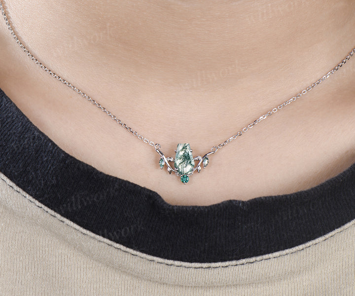 Unique coffin shaped natural moss agate necklace leaf twig nature inspired marquise moss agate emerald pendant necklace gifts