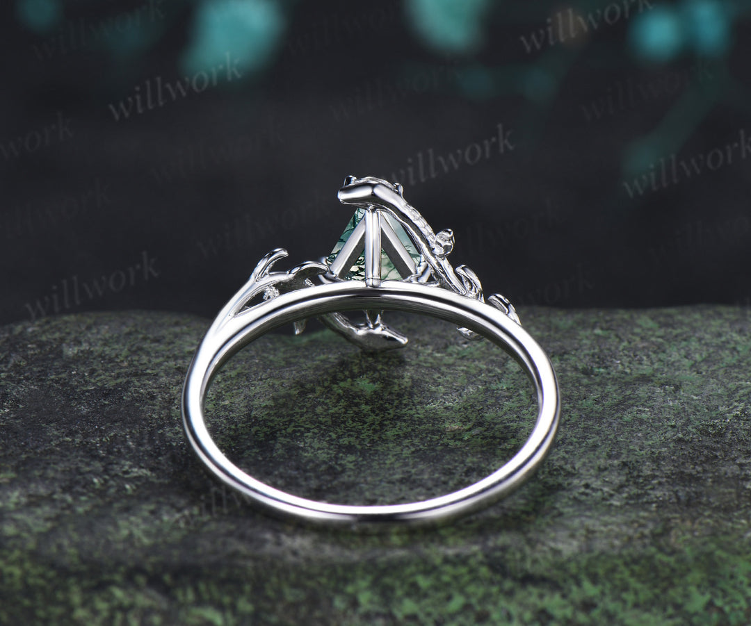Kite Cut Moss Agate Snake Ring Marquise Diamond Leaf Vine Nature Inspired Ring