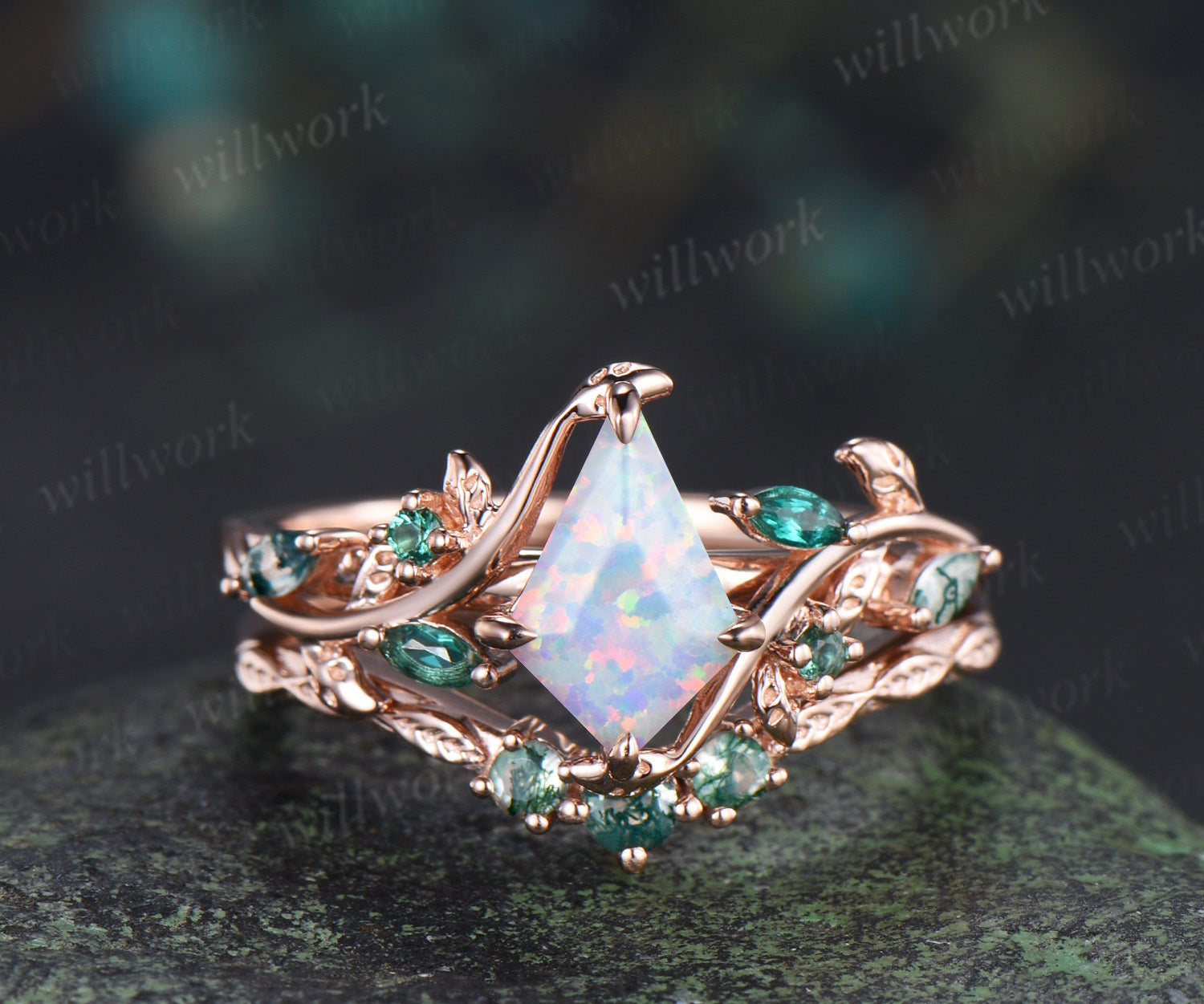 Vintage kite cut opal engagement ring set leaf twig emerald moss