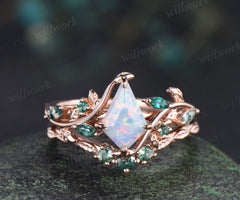 Vintage kite cut opal engagement ring set leaf twig emerald moss agate ring matching wedding band unique bridal set