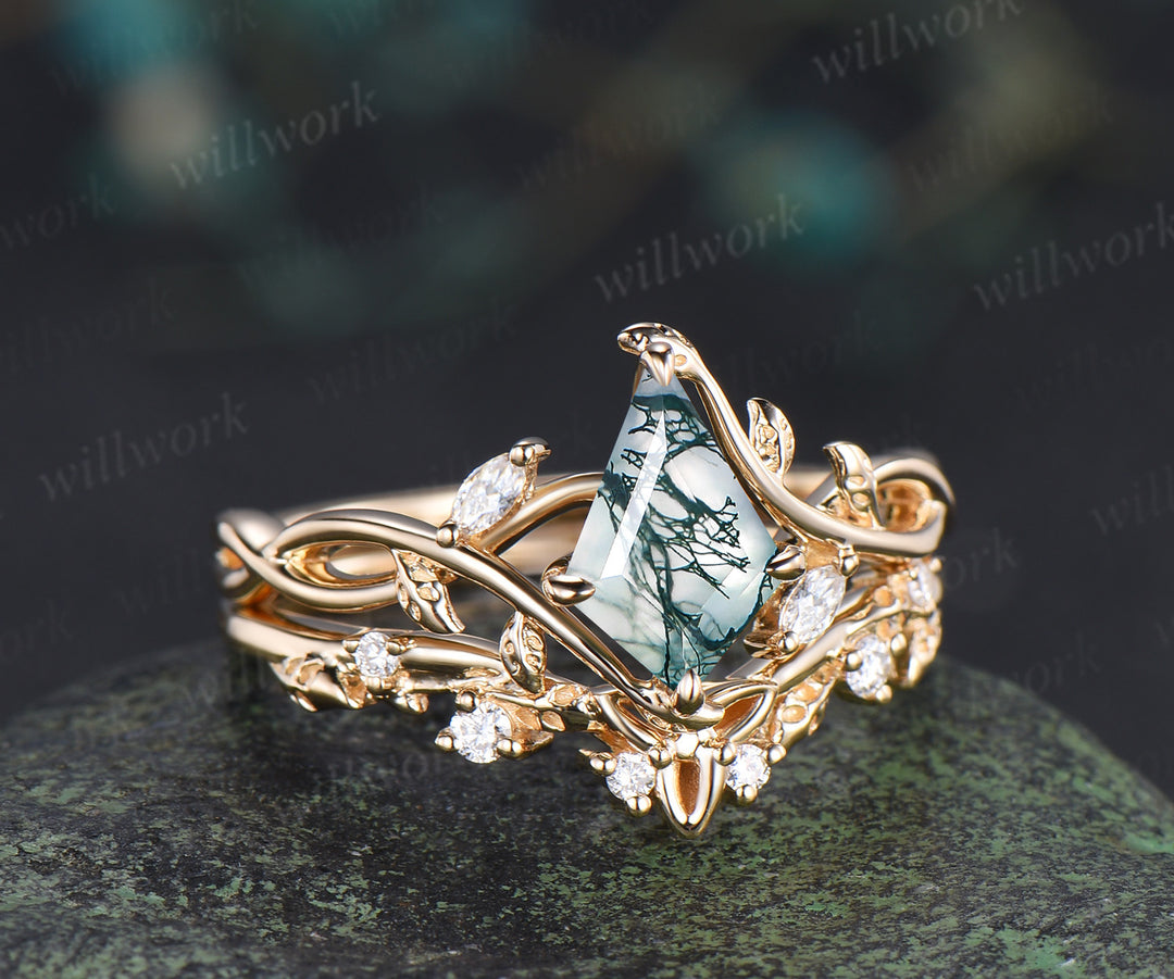 Kite cut natural moss agate infinity engagement ring set split shank moissanite leaf ring celtic knot wedding band bridal set