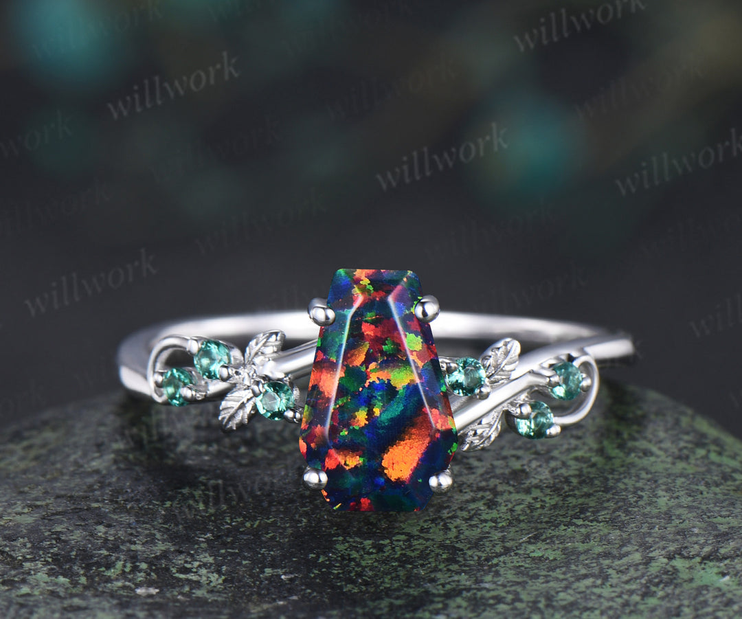Unique coffin black fire opal engagement ring set leaf inspired emeralds accent ring wedding band nature inspired bridal set