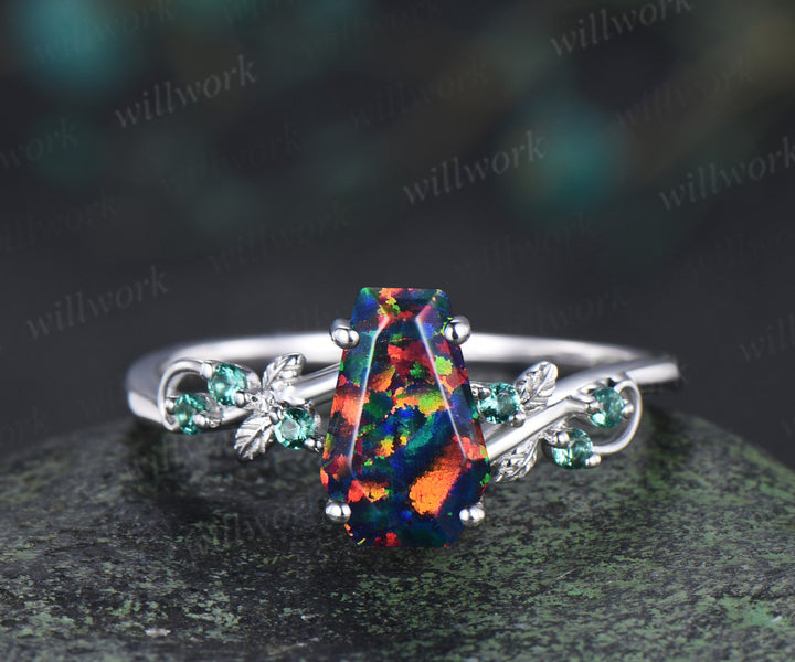 Unique coffin black fire opal engagement ring set leaf inspired emeralds accent ring wedding band nature inspired bridal set