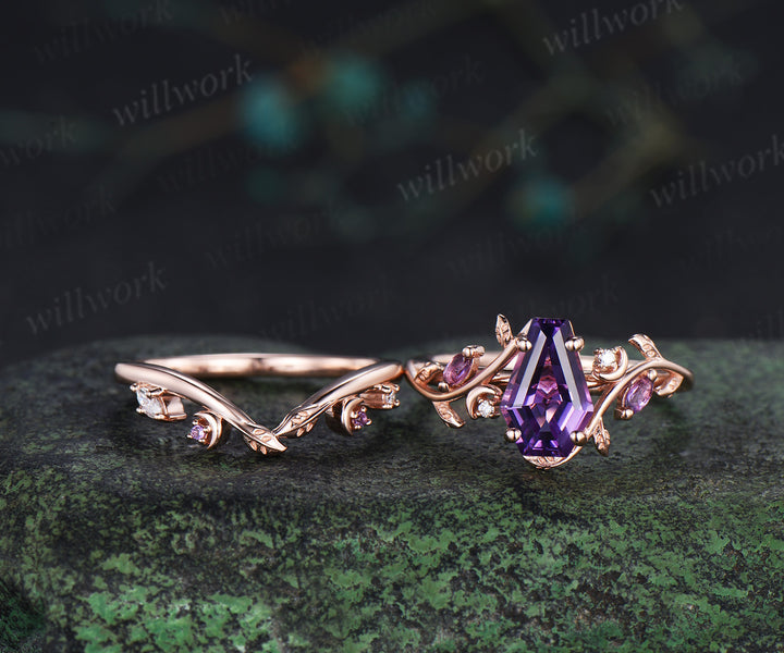Coffin purple amethyst ring set marquise amethyst moissanite moon ring leaf band nature inspired bridal set
