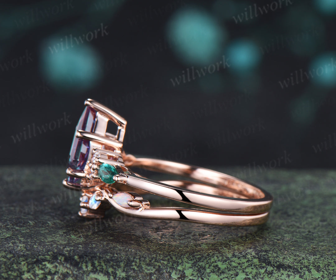 Kite cut Alexandrite engagement ring marquise cut emerald ring moostone opal wave wedding band unique wedding ring set