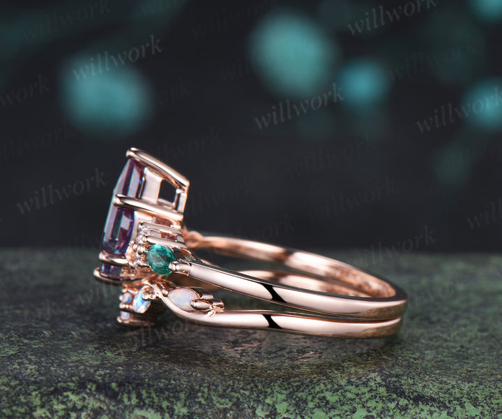 Kite cut Alexandrite engagement ring marquise cut emerald ring moostone opal wave wedding band unique wedding ring set