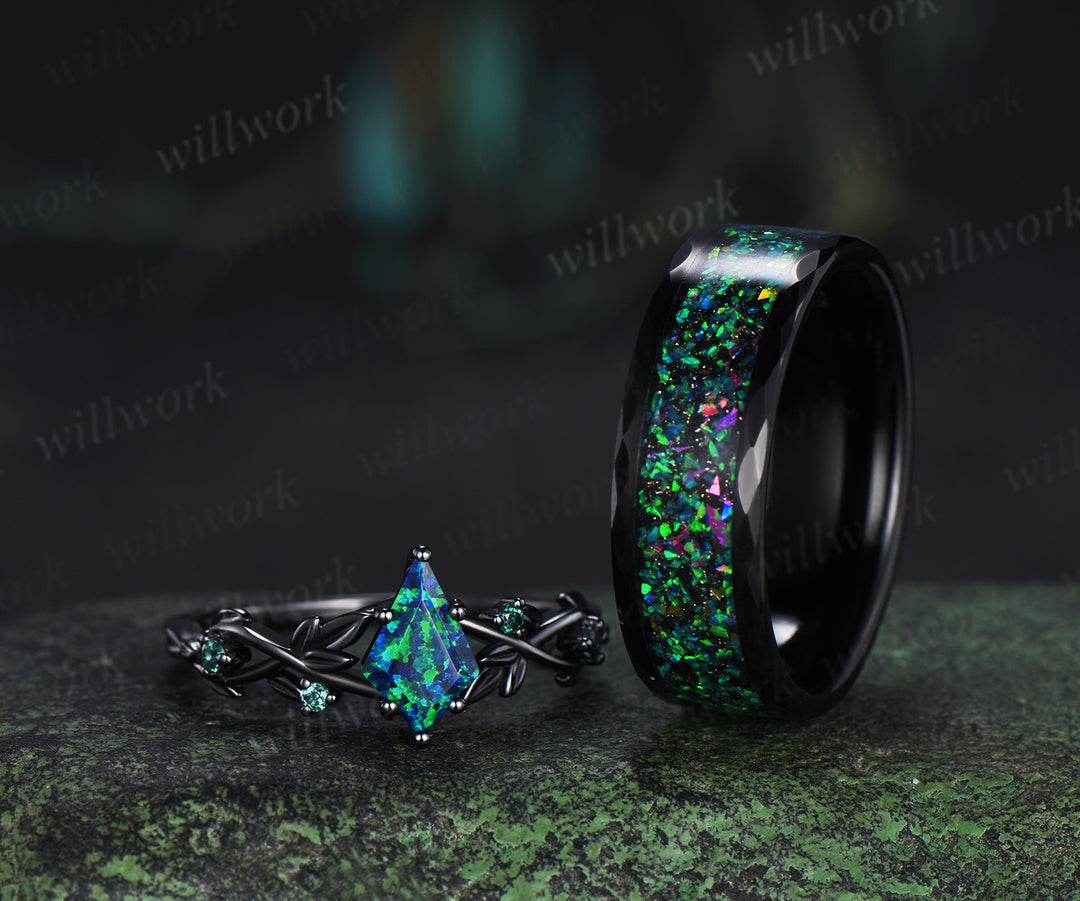 Kite Cut Black Opal Twig Leaf Ring & Tungsten Black Opal Inlay Hammered Mens Ring His & Her Couple Rings