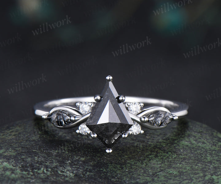 Kite cut salt and pepper diamond engagement ring set marquise black rutilated quartz seven stone ring black spinels wedding band unique bridal set