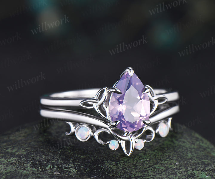 Unique pear lavender amethyst engagement ring set Celtic Knot Norse Viking ring band vintage moissanite wedding ring set