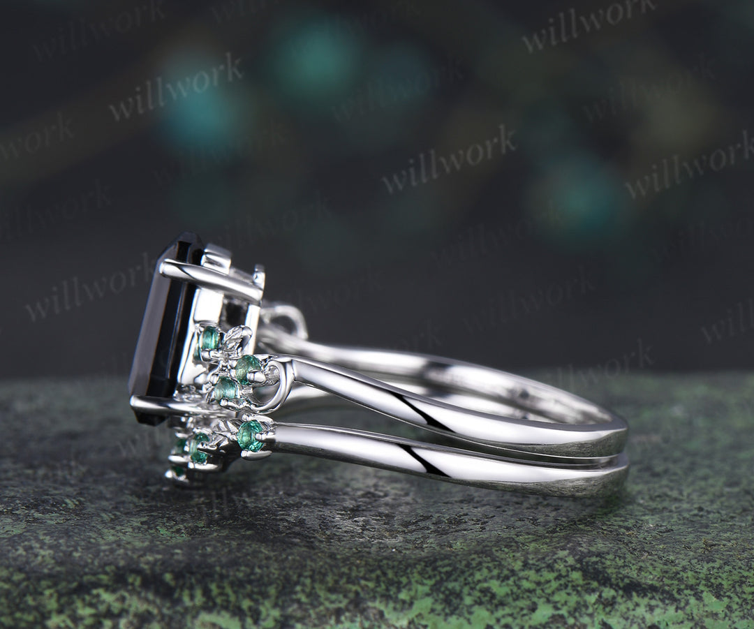 Coffin cut natural black onyx engagement ring set leaf inspired emeralds accent ring wedding band unique bridal set