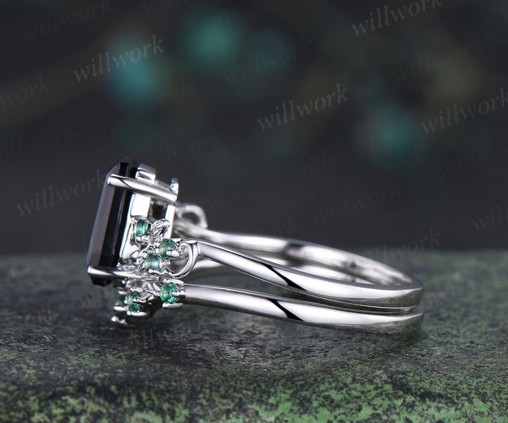 Coffin cut natural black onyx engagement ring set leaf inspired emeralds accent ring wedding band unique bridal set