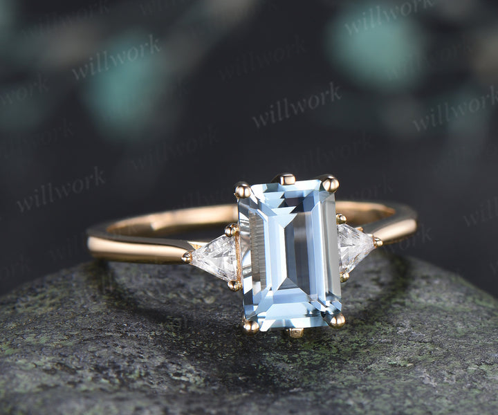 Emerald Cut Aquamarine Engagement Ring Minimalist 6 Prong Three Stone Trilliant Cut Moissanite Ring March Birthstone Jewelry Gifts
