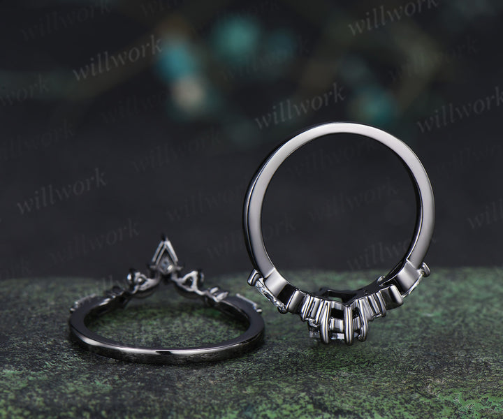Kite cut salt and pepper diamond engagement ring set moon moissanite ring star curved wedding band anniversary gifts