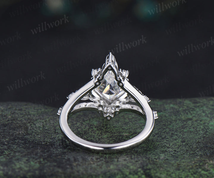 Kite cut moissanite engagement ring retro milgrain moissanite cluster ring unique spilt shank wedding ring
