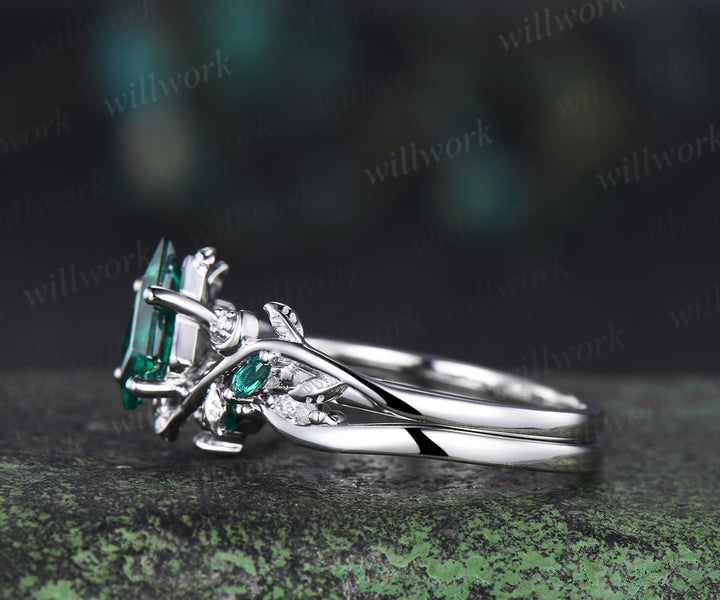 Kite cut emerald engagement ring set moon leaf nature inspired ring solid 14k white gold marquise emerald ring unique bridal set
