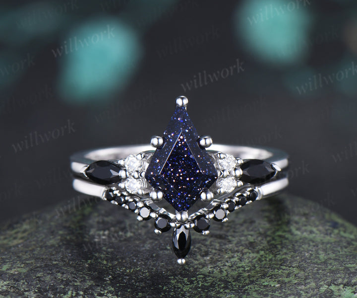 Kite Cut Blue Sandstone Ring Set & 5mm Blue Sandstone Full Eternity Ring Unique Couple Rings