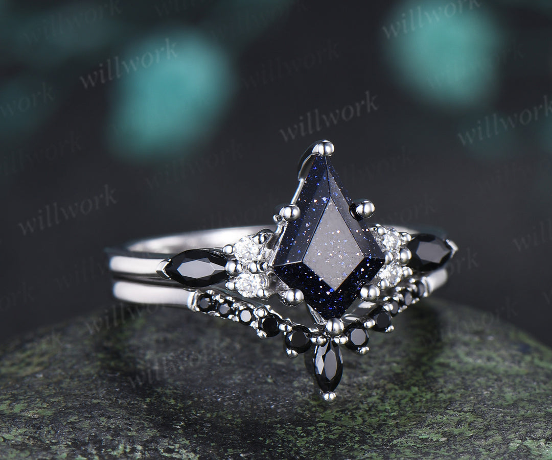Kite Cut Blue Sandstone Ring Set & 5mm Blue Sandstone Full Eternity Ring Unique Couple Rings