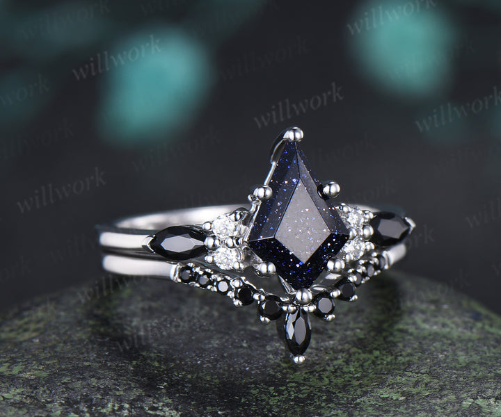 Kite Cut Blue Sandstone Ring Set & 5mm Blue Sandstone Full Eternity Ring Unique Couple Rings