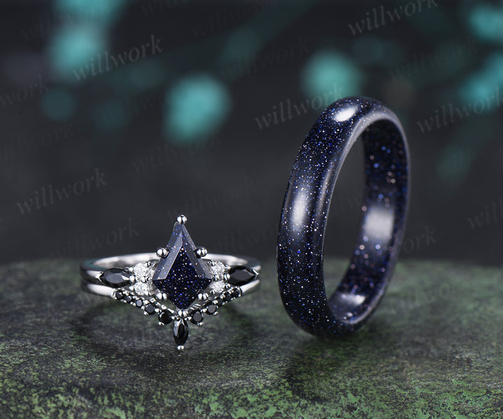 Kite Cut Blue Sandstone Ring Set & 5mm Blue Sandstone Full Eternity Ring Unique Couple Rings