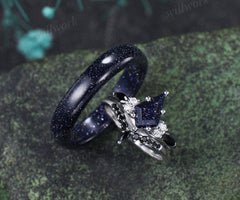 Kite Cut Blue Sandstone Ring Set & 5mm Blue Sandstone Full Eternity Ring Unique Couple Rings