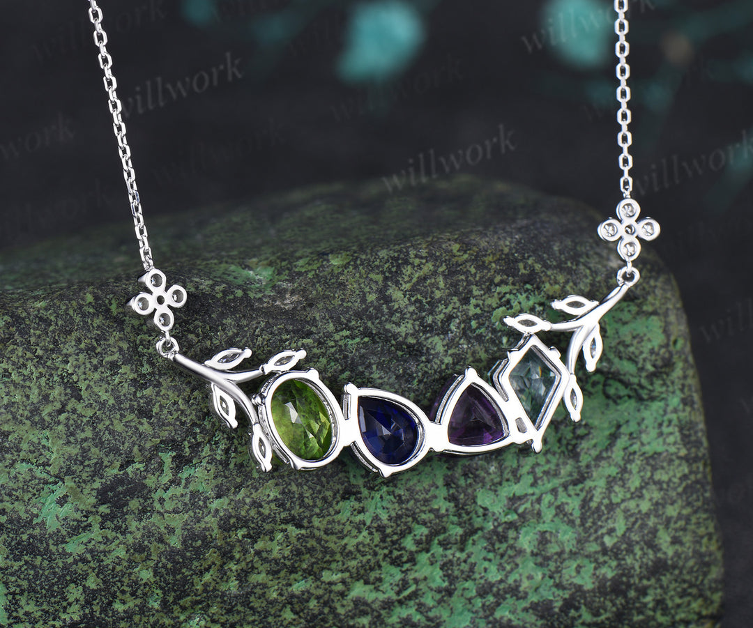 Nature Inspired Aqumarine Amethyst Sapphire Peridot Necklace Leaf Twig Pendant Unique Family Bestie Birthstone Necklace
