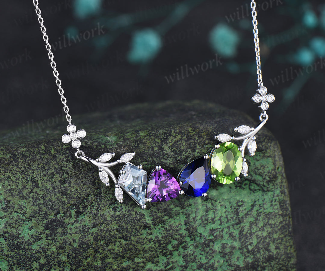 Nature Inspired Aqumarine Amethyst Sapphire Peridot Necklace Leaf Twig Pendant Unique Family Bestie Birthstone Necklace